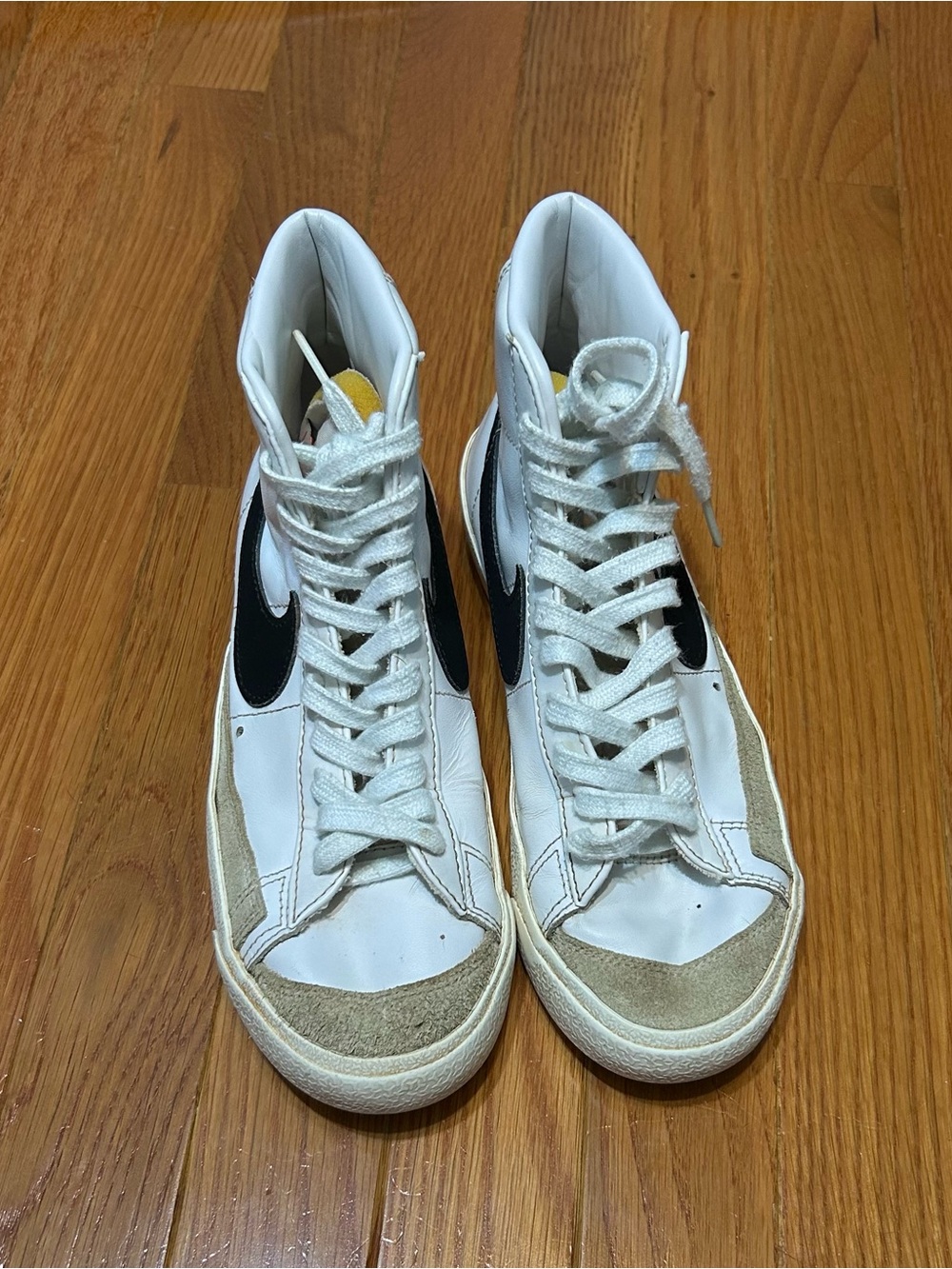 Nike White High-Top Sneakers with Black Swoosh and Tan Suede
